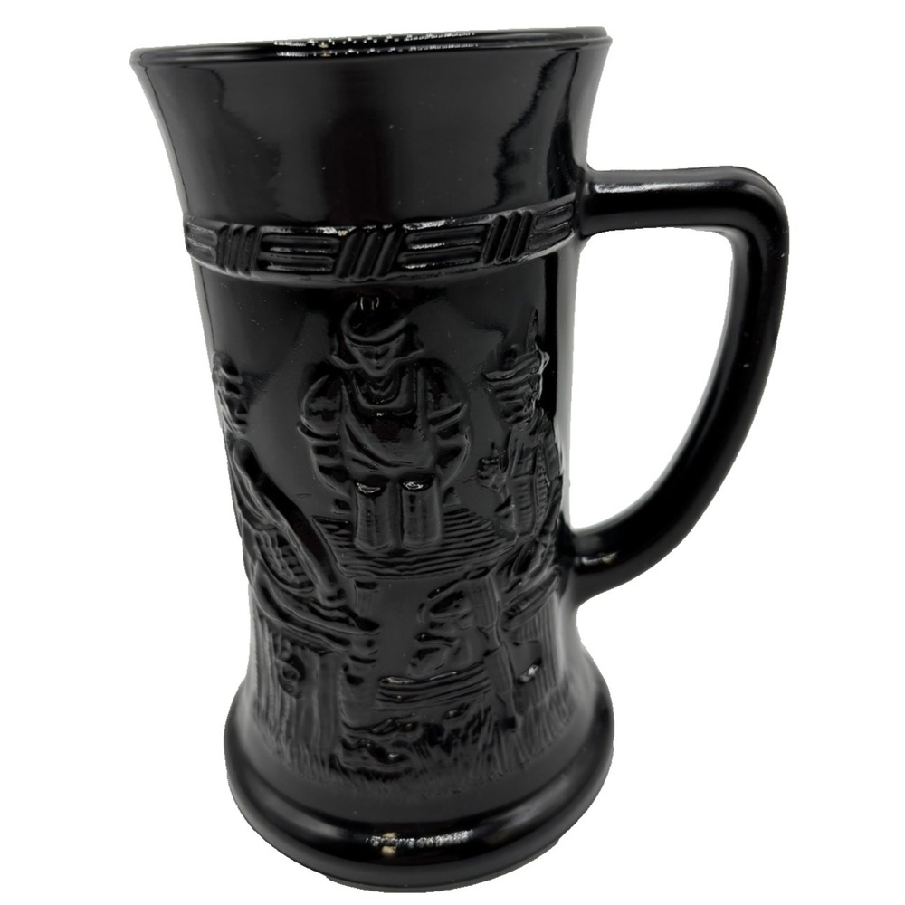 Tiara Indiana Black Glass Mug with Pub Scene 6" Tall Vintage